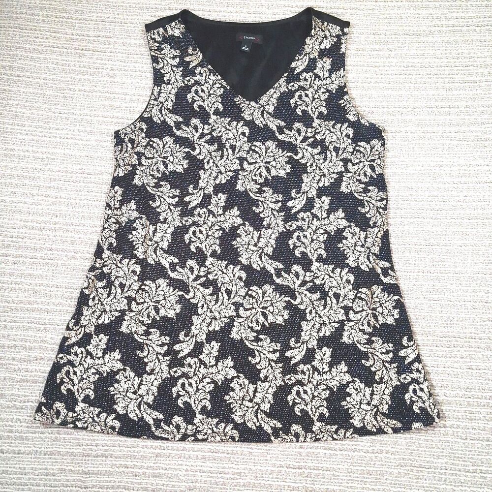 Cocomo Womens Small Black Gold Damask Sleeveless V Neck Metallic Sparkle Top